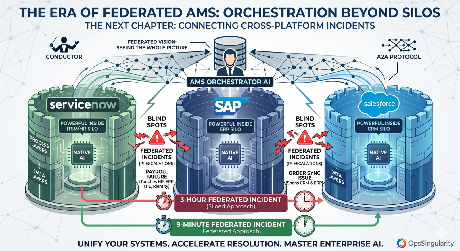 The era of federated AMS - orchestration beyond silos. Diagram showing ServiceNow, SAP and Salesforce as walled fortresses with native AI inside each, surrounded by blind spots between them. An AMS Orchestrator AI sits above all three, conducting via the A2A protocol. A payroll failure spanning ITSM and Identity takes 3 hours with the siloed approach versus 9 minutes with federated orchestration.